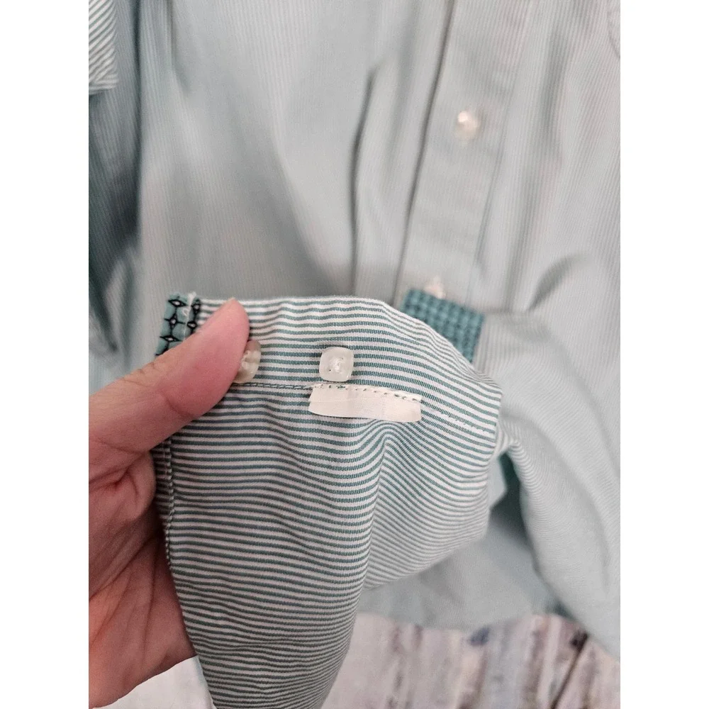 Cinch Button Down Shirt Medium Green Striped Western Cowboy Long Sleeve Pocket